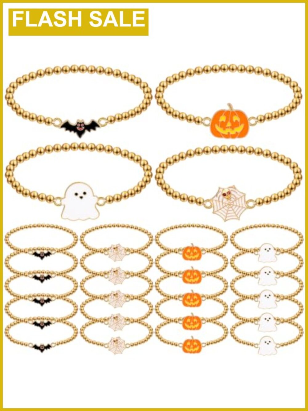 24 Pc Halloween Gold Beaded Bracelet Set Stretch Stackable Party